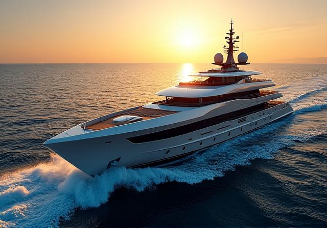 Superyacht di lusso in navigazione nell'oceano aperto sotto un cielo sereno